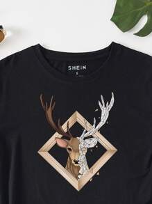 SHEIN LUNE Camiseta ciervo con con estampado geométrico - Negro - Ver 4