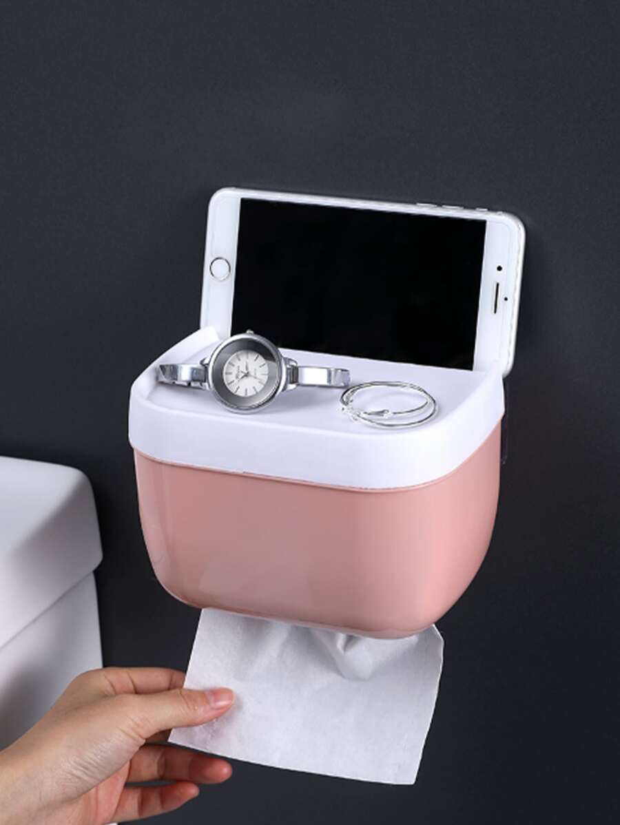 1pc Plastic Toilet Paper Holder, Minimalist Two Tone Punch-Free Waterproof Wall Mounted Toilet Paper Holder For Bathroom Bathroom Decor