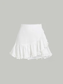 SHEIN MOD Solid Ruffle Trim Wrap Knot Side Skirt - White - View 1