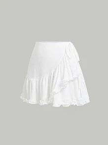 SHEIN MOD Solid Ruffle Trim Wrap Knot Side Skirt - White - View 3