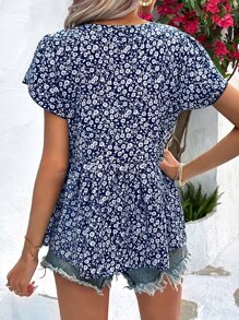 SHEIN LUNE 碎花花瓣袖荷葉邊下擺襯衫 - 藍白色 - 查看 2