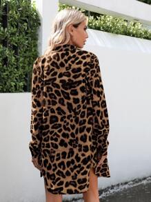 SHEIN LUNE Leopard Print Button Front High Low Shirt & Shorts Fall Cloth For Women - Brown - View 2