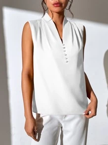 Chiquease Solid Plicated Detail Button Front Sleeveless Blouse - White - View 3