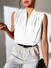 Chiquease Solid Plicated Detail Button Front Sleeveless Blouse - White - View 5