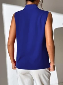 Chiquease Áo sơ mi nữ Ngọc trai Xếp li màu trơn Thanh lịch - Xanh đậm - Xem 2