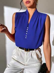 Chiquease Áo sơ mi nữ Ngọc trai Xếp li màu trơn Thanh lịch - Xanh đậm - Xem 6