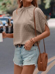 SHEIN LUNE Swiss Dot Batwing Sleeve Mock Neck Blouse - Khaki - View 3