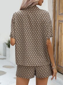 SHEIN Clasi 滿版印花落肩袖襯衫和短褲 - 摩卡棕 - 查看 2