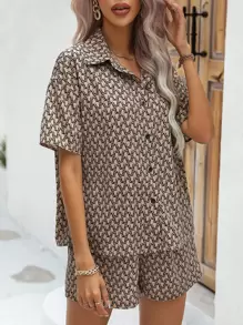 SHEIN Clasi 滿版印花落肩袖襯衫和短褲 - 摩卡棕 - 查看 4