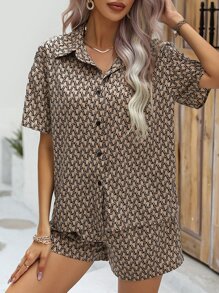 SHEIN Clasi 滿版印花落肩袖襯衫和短褲 - 摩卡棕 - 查看 5