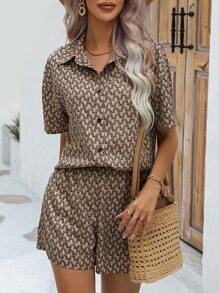 SHEIN Clasi 滿版印花落肩袖襯衫和短褲 - 摩卡棕 - 查看 6