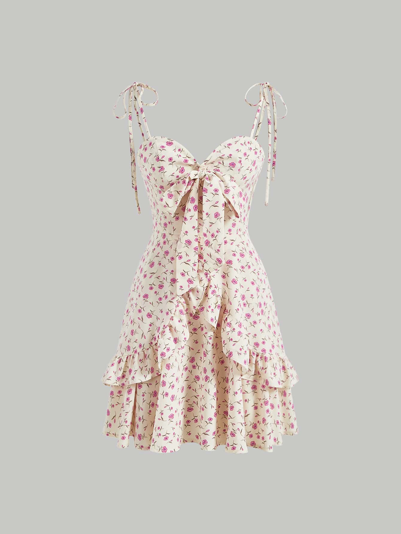 SHEIN MOD 小碎花肩上打結前打結多層吊帶連衣裙 - 黃色 - 查看 1