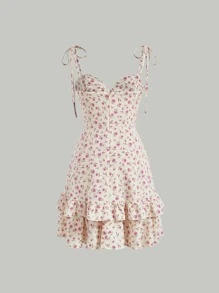 SHEIN MOD 小碎花肩上打結前打結多層吊帶連衣裙 - 黃色 - 查看 2