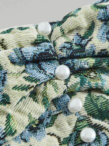 SHEIN MOD Floral Jacquard Knot Cuff Lantern Sleeve Ruched Blouse - Multicolor - View 4