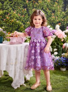 SHEIN Đầm bé gái Thêu Dây kéo Hoa Boho - Màu tím  Violet - Xem 4