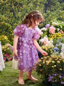 SHEIN Đầm bé gái Thêu Dây kéo Hoa Boho - Màu tím  Violet - Xem 5