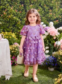 SHEIN Đầm bé gái Thêu Dây kéo Hoa Boho - Màu tím  Violet - Xem 6