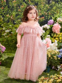 SHEIN Fern Glow Young Girls Cold Shoulder Ruffle Trim Mesh Party Dress - Dusty Pink - View 4