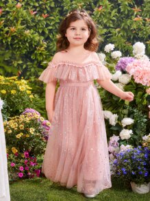 SHEIN Fern Glow Young Girls Cold Shoulder Ruffle Trim Mesh Party Dress - Dusty Pink - View 5