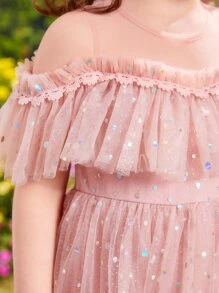 SHEIN Fern Glow Young Girls Cold Shoulder Ruffle Trim Mesh Party Dress - Dusty Pink - View 7