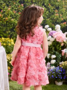 小女童花卉圖案提花腰帶網紗洋裝