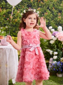 小女童花卉圖案提花腰帶網紗洋裝