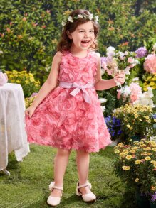 小女童花卉圖案提花腰帶網紗洋裝