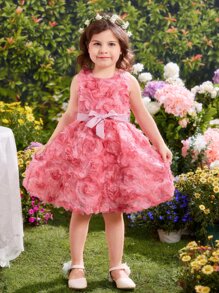 小女童花卉圖案提花腰帶網紗洋裝