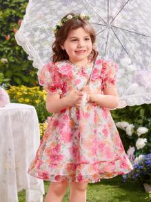 SHEIN Toddler Girls Floral Print Puff Sleeve Ruffle Hem Dress - Multicolor - View 1