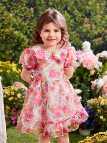 SHEIN Toddler Girls Floral Print Puff Sleeve Ruffle Hem Dress - Multicolor - View 3
