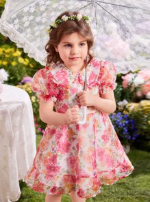 SHEIN Toddler Girls Floral Print Puff Sleeve Ruffle Hem Dress - Multicolor - View 4