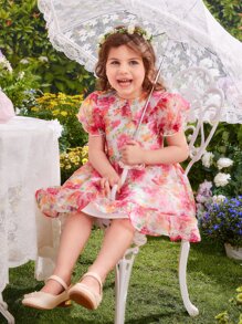 SHEIN Toddler Girls Floral Print Puff Sleeve Ruffle Hem Dress - Multicolor - View 5