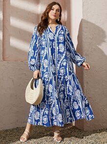 Mulvari Plus Floral Print Notched Neckline Lantern Sleeve Ruffle Hem Smock Dress Fall Cloth For Women - Blue and White - View 1