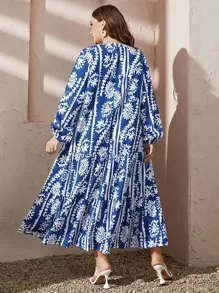 Mulvari Plus Floral Print Notched Neckline Lantern Sleeve Ruffle Hem Smock Dress Fall Cloth For Women - Blue and White - View 2