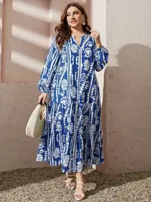 Mulvari Plus Floral Print Notched Neckline Lantern Sleeve Ruffle Hem Smock Dress Fall Cloth For Women - Blue and White - View 6