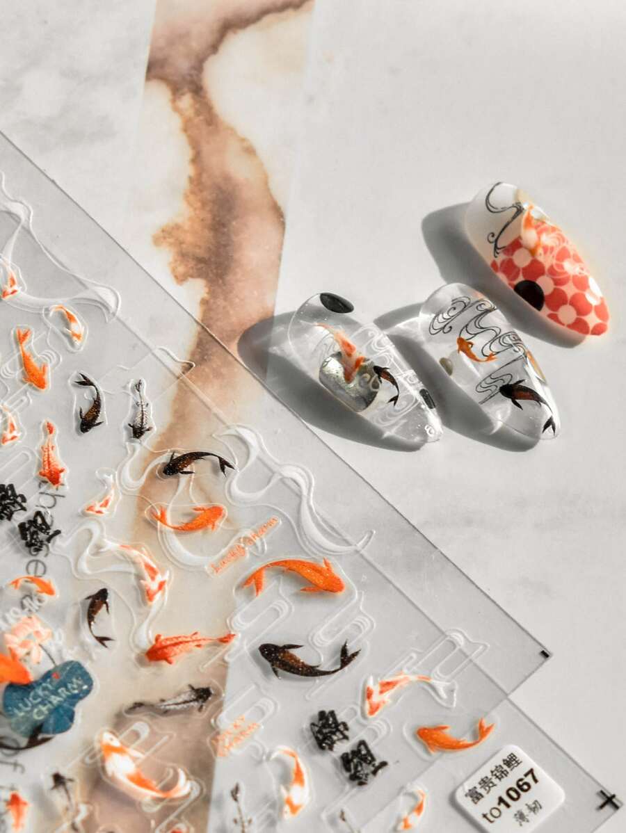 1 hoja de pegatinas de uñas con estilo chino de peces y peces dorados para manualidades de manicura y suministros de uñas - Multicolor - Ver 1