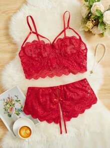 Classic Sexy Plus Floral Lace Scallop Trim Lingerie Set - Red - View 1