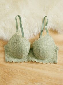 Plus Floral Lace Scallop Trim Underwire Bra - Mint Green - View 3