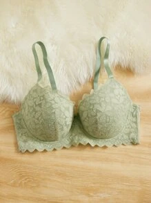 Plus Floral Lace Scallop Trim Underwire Bra - Mint Green - View 4