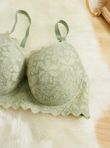 Plus Floral Lace Scallop Trim Underwire Bra - Mint Green - View 5