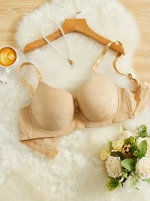 Plus Floral Embroidery Underwire Bra - Khaki - View 1