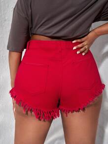 SHEIN SXY Plus Ripped Raw Hem Denim Shorts - Red - View 2