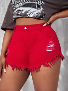 SHEIN SXY Plus Ripped Raw Hem Denim Shorts - Red - View 4