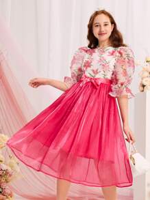 SHEIN 青少年女孩印花泡泡袖腰帶歐根紗覆蓋洋裝