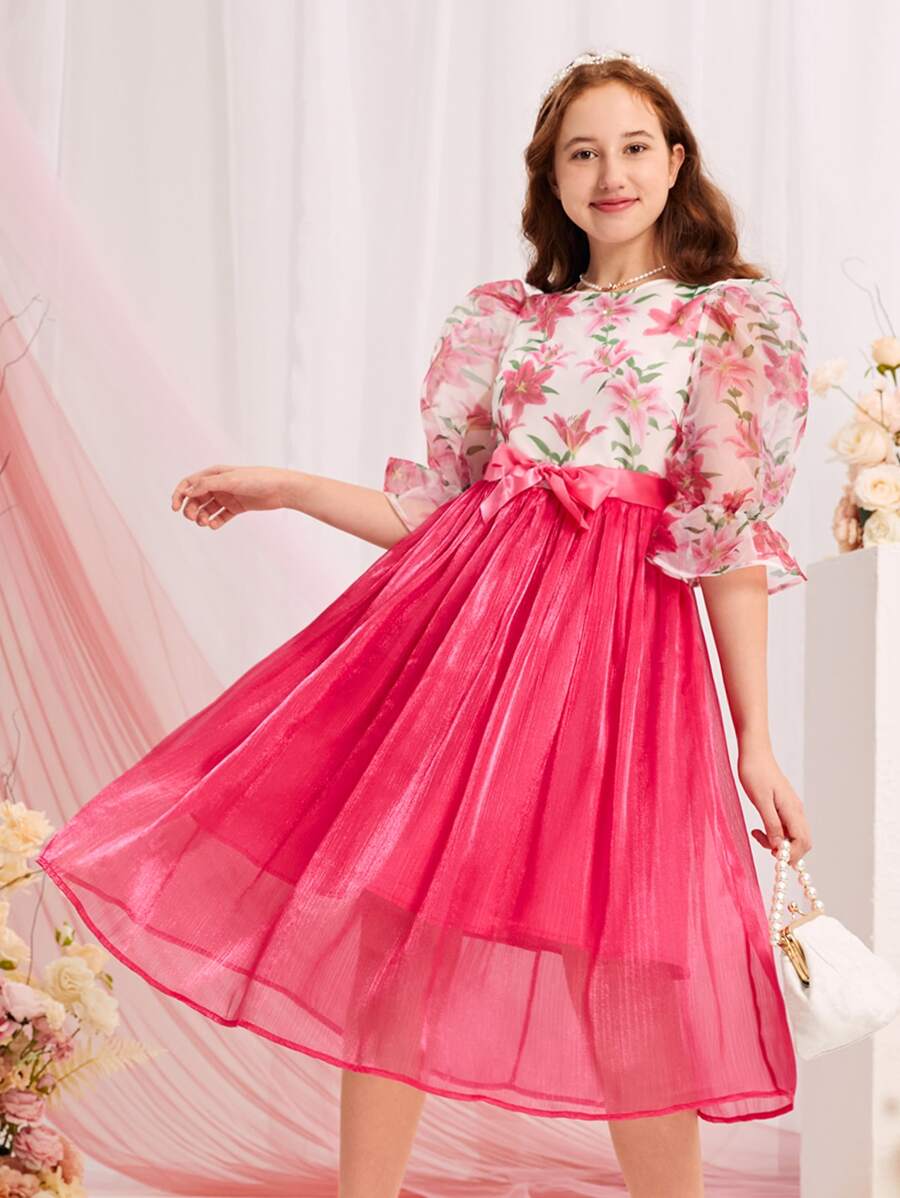 SHEIN 青少年女孩印花泡泡袖腰帶歐根紗覆蓋洋裝