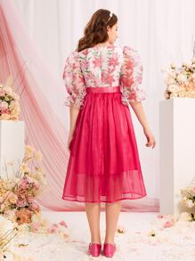 SHEIN 青少年女孩印花泡泡袖腰帶歐根紗覆蓋洋裝