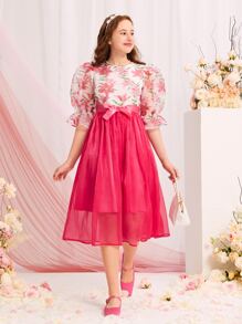 SHEIN 青少年女孩印花泡泡袖腰帶歐根紗覆蓋洋裝