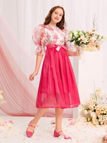 SHEIN 青少年女孩印花泡泡袖腰帶歐根紗覆蓋洋裝