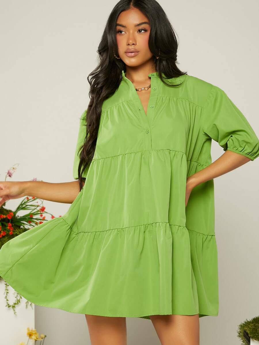 SHEIN VCAY 小高領荷葉邊娃娃裙 - 青檸色 - 查看 1