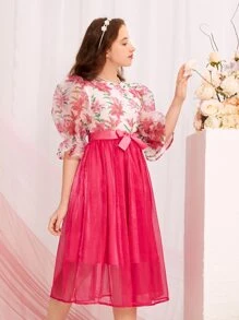 SHEIN 青少年女孩印花泡泡袖腰帶歐根紗覆蓋洋裝